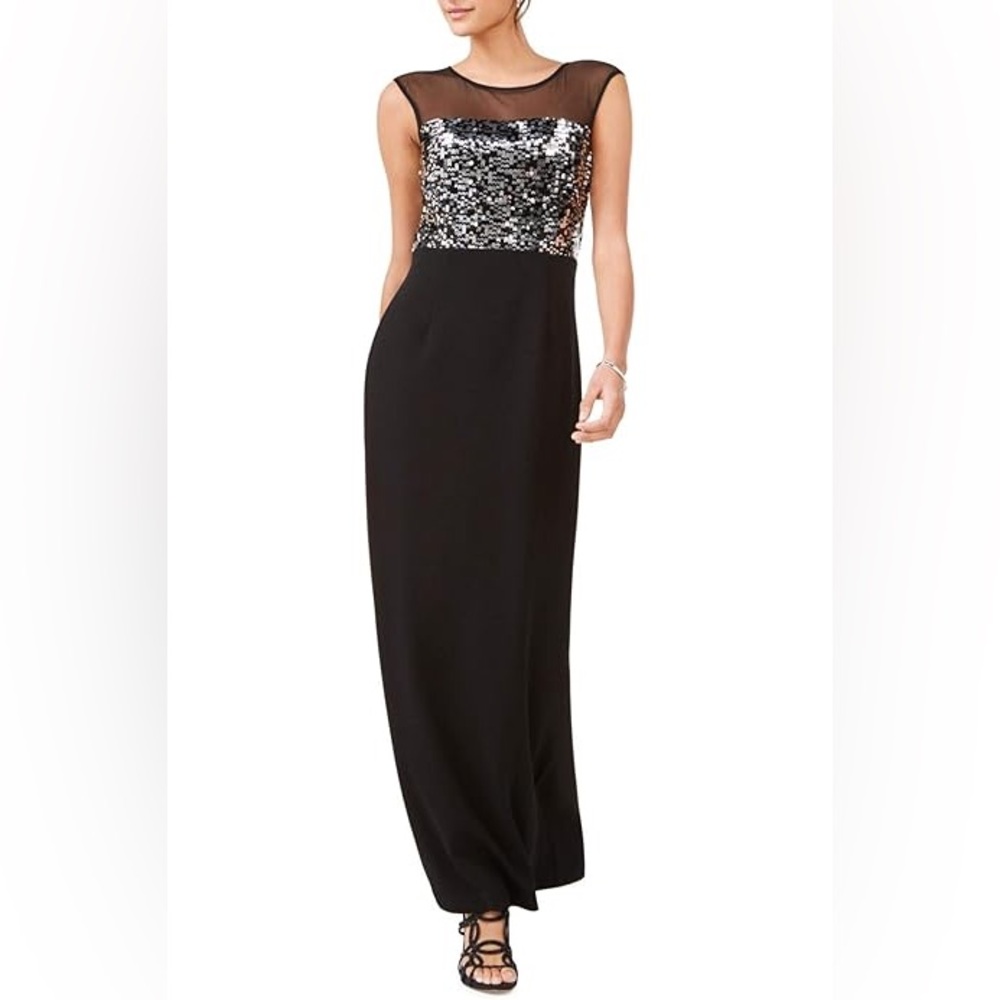 Vince Camuto Womens Black Formal Sequined Illusion Formal Dress Size 12